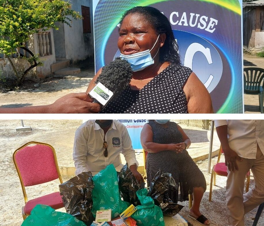 Photo au dessus, le Chef du quartier Malibé 2 zone Iwosso, JoëlleZima, devant la presse exprimant sa gratitude pour ces kits de médicaments contribuant à la la lutte anti-paludisme