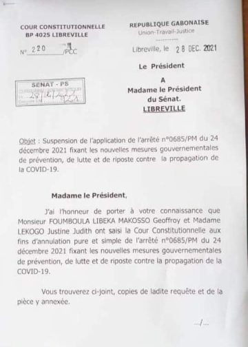 Lettre de la présidente de la Cour constitutionnelle à la présidente du Sénat 