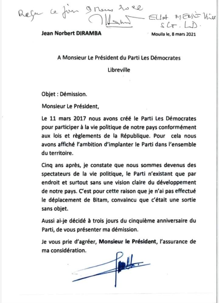 La lettre de démission de Jean Norbert Diramba du parti Les Démocrates