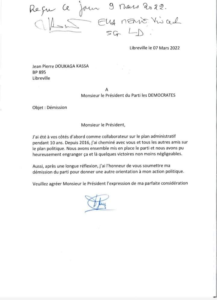 La lettre de démission de Jean Pierre Doukaga Kassa du parti Les Démocrates