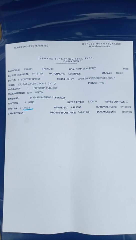 Document donnant toutes les informations sur Jean Rémy Yama, le fonctionnaire radié