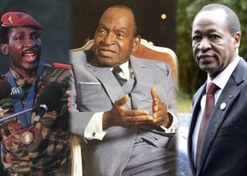 L'ancien président Blaise Compaoré ( à droite) condamné à perpétuité pour l'assassinat de Thomas Sankara à l'extrême droite avec la complicité d' Houphouët Boigny au centre