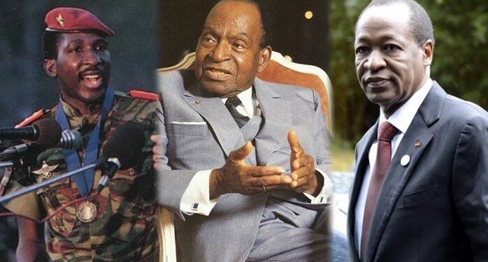 L'ancien président Blaise Compaoré ( à droite) condamné à perpétuité pour l'assassinat de Thomas Sankara à l'extrême droite avec la complicité d' Houphouët Boigny au centre