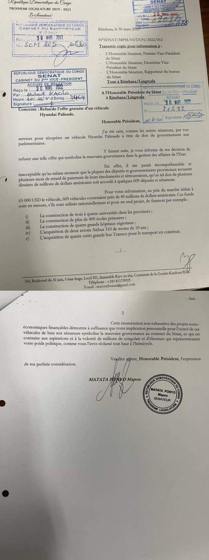 Lettre du Sénateur Augustin Matata Ponyo au Sénateur Président de la RDC où il refuse le don du véhicule Jeep Palissade