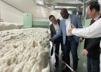 Le ministre du Commerce et des PME/PMI, Yves Fernand Manfoumbi visite une des deux usines de production de la farine de manioc au Vietnam