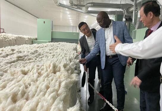 Le ministre du Commerce et des PME/PMI, Yves Fernand Manfoumbi visite une des deux usines de production de la farine de manioc au Vietnam