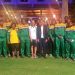 L'équipe des Panthères du Gabon avec le ministre des Sports Franck Nguema avant la rencontre avec la Guinée équatoriale