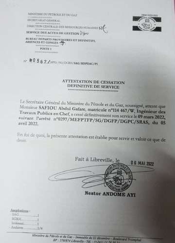 L'Attestation de cessation définitive de service marquant le départ à la retraite de Safiou Abdul Gafare