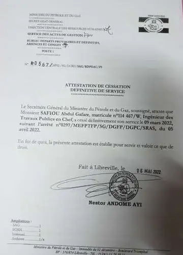 L’Attestation de cessation définitive de service marquant le départ à la retraite de Safiou Abdul Gafare 