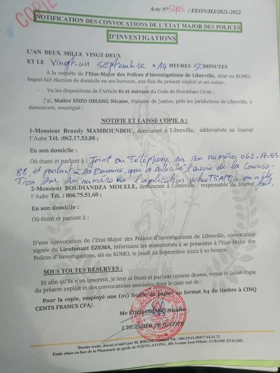 La convocation illégale de L'Aube, de Gabonclic.info et de la Cigale enchantée 
