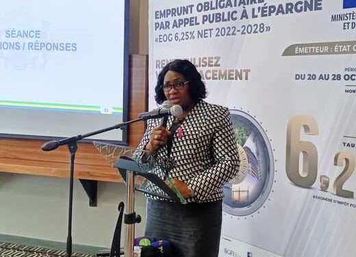 Nicole Jeanine Lydie Roboty Mbou, ministre de l'Économie et de la Relance lors du lancement de l'emprunt obligataire par appel public à l'épargne