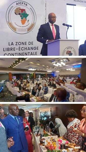 Le SG de la ZLECAF, Wamkele Mene, au-dessus, l'assistance et la visite des stands avec le ministre Yves Fernand Manfoumbi à Libreville