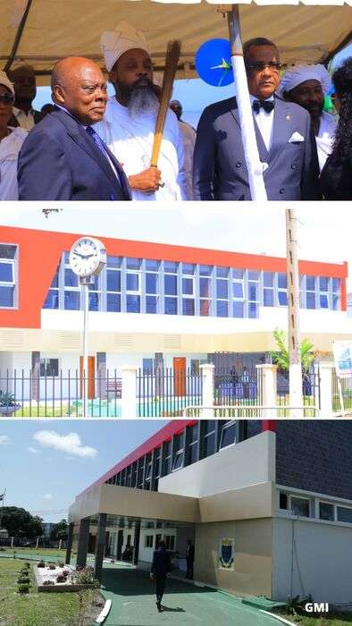 Le Chef coutumier Orungu , les autorités, le Haut-Commissaire de la République Michel Essongué, le maire de Port-Gentil Gabriel Tchango et le nouveau bâtiment de la mairie @Montage Gabonmailinfos
