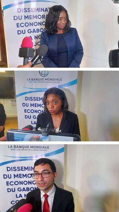 La représentante résidente, Aïssatou Diallo, et les experts de la Banque mondiale, Sonia Barbara Ondo Ndong et Eric Chong devant la presse