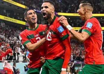 Le Maroc exulte après le but de Youssef En-Nesyri face au Portugal, samedi 10 décembre 2022 devenant la première équipe africaine en demi-finale