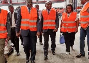 Descente sur le terrain du ministre Yves Fernand Manfoumbi à l'entrepôt de Ceca Gadis