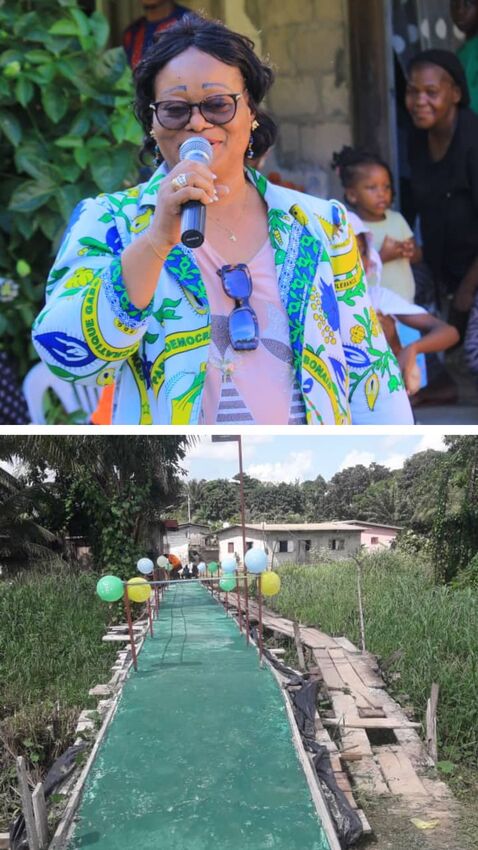 Le Député PDG, Atsame Bekale Aline Clémence et le pont offert en images au quartier Pk11 Bizango Rails