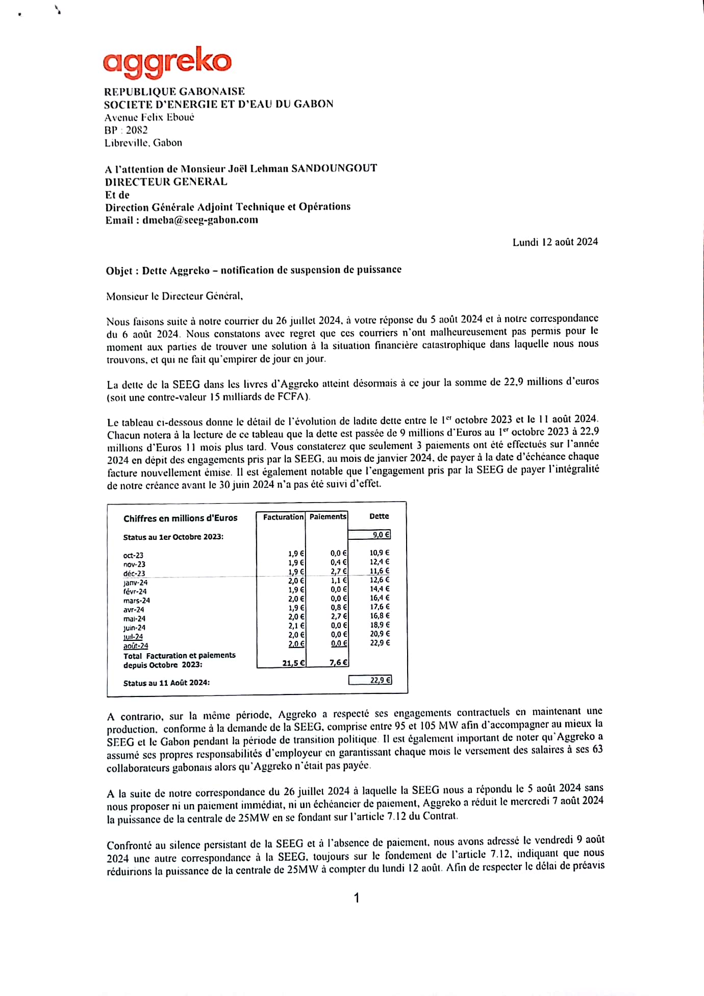 Lettre Aggreko à la SEEG