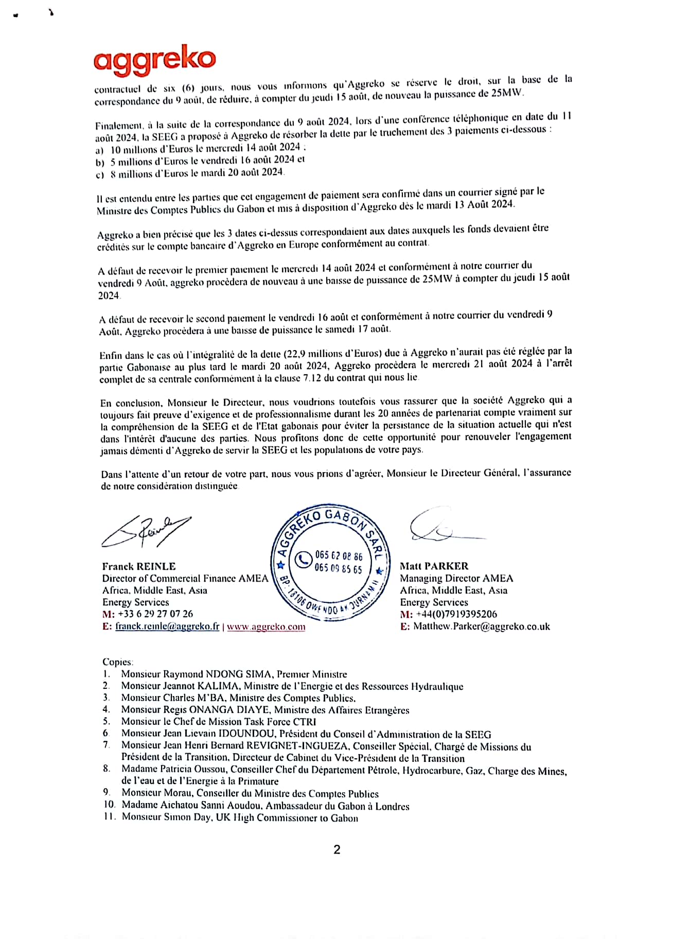 Lettre Aggreko à la SEEG